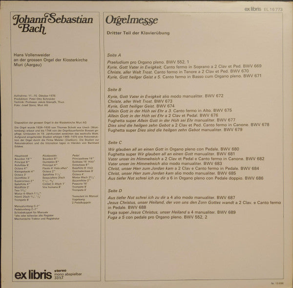 Johann Sebastian Bach, Hans Vollenweider : Orgelmesse (2xLP)