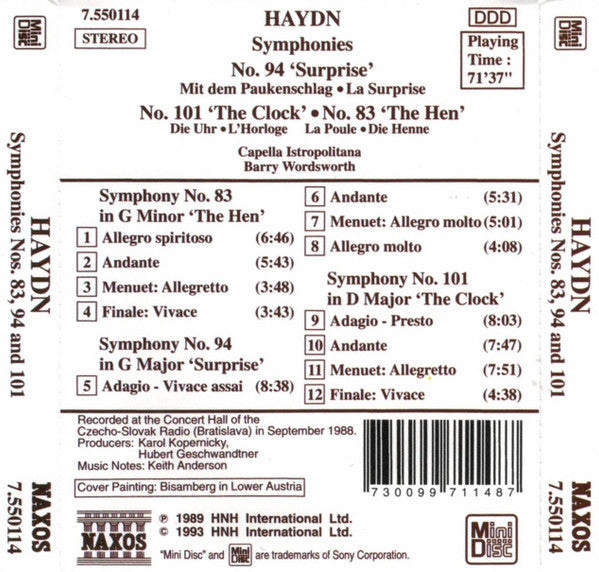 Joseph Haydn, Capella Istropolitana, Barry Wordsworth : Famous Symphonies, Vol 2: No. 94 'Surprise' • No. 101 'The Clock' • No. 83 'The Hen' (MD, Album)