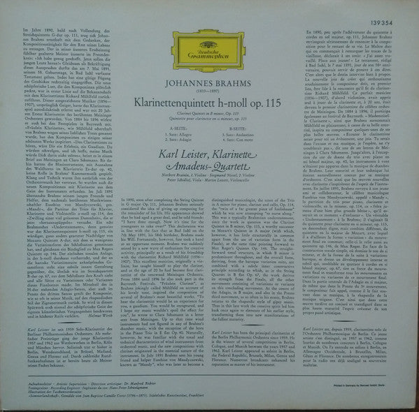 Johannes Brahms - Amadeus-Quartett • Karl Leister : Klarinettenquintett H-Moll In B Minor (LP)