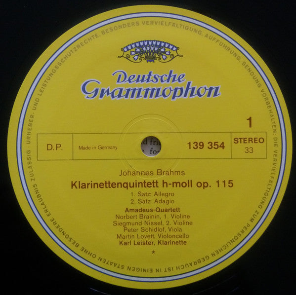 Johannes Brahms - Amadeus-Quartett • Karl Leister : Klarinettenquintett H-Moll In B Minor (LP)