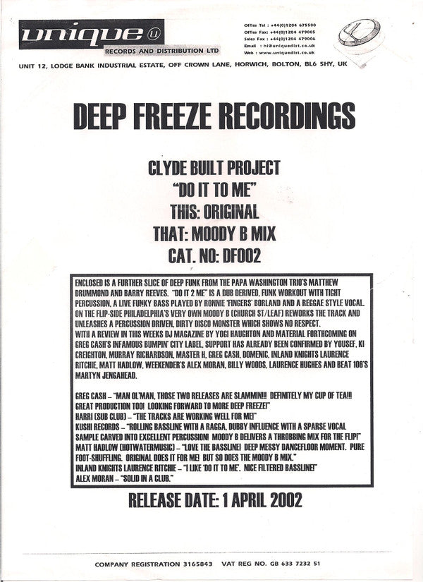 Clyde Built Project : Do It 2 Me (12", Maxi, Promo, W/Lbl)