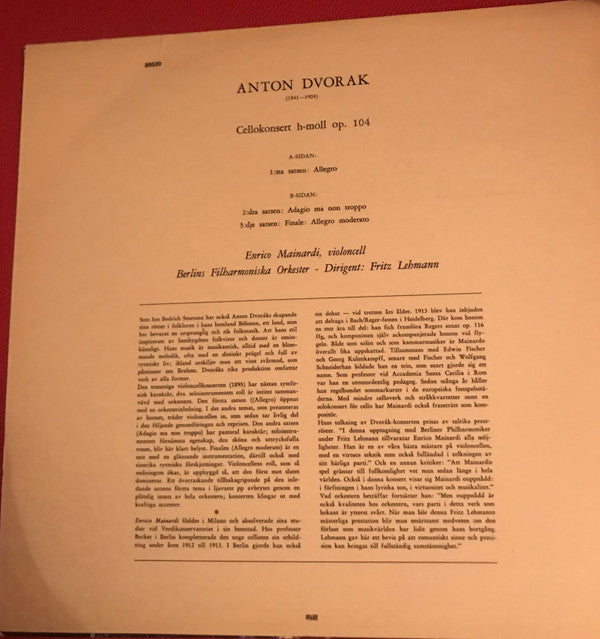 Antonín Dvořák, Enrico Mainardi, Fritz Lehmann, Berliner Philharmoniker : Cellokonsert H-Moll Op. 104 (LP, RE)