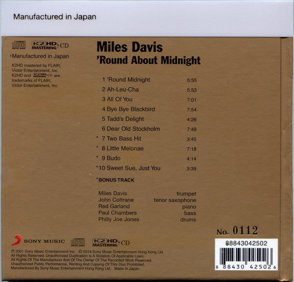 Miles Davis : 'Round About Midnight (CD, Album, Mono, Ltd, Num, RE, RM, K2 )