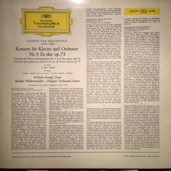 Ludwig van Beethoven, Wilhelm Kempff, Berliner Philharmoniker, Ferdinand Leitner : Klavierkonzert Nr.5 Es-dur Op.73 (LP, RP)