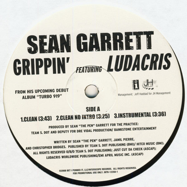 Sean Garrett Featuring Ludacris : Grippin' (12", Promo)