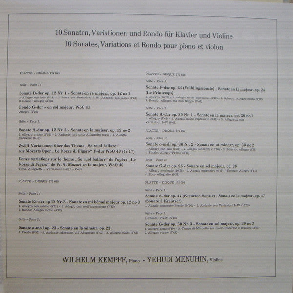 Ludwig van Beethoven, Wilhelm Kempff • Yehudi Menuhin : 10 Sonaten Variationen Und Rondo Für Klavier Und Violine (5xLP, Comp, Club, RE + Box)