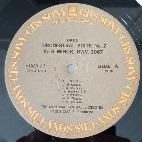 Johann Sebastian Bach, Pablo Casals, Marlboro Festival Orchestra : Bach Orchestral Suite No. 2 in B Minor, BWV. 1067 and No. 3 in D Major, BWV. 1068 (LP, RE)