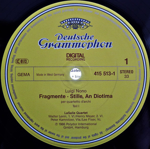 Luigi Nono - LaSalle Quartet : Fragmente – Stille, An Diotima (LP)