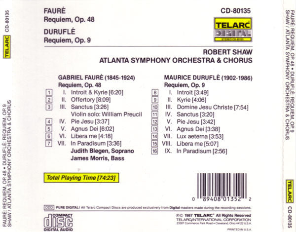 Gabriel Fauré • Maurice Duruflé • Robert Shaw, Atlanta Symphony Orchestra & Atlanta Symphony Chorus • Judith Blegen, James Morris (5) : Requiem, Op. 48 / Requiem, Op. 9 (CD)