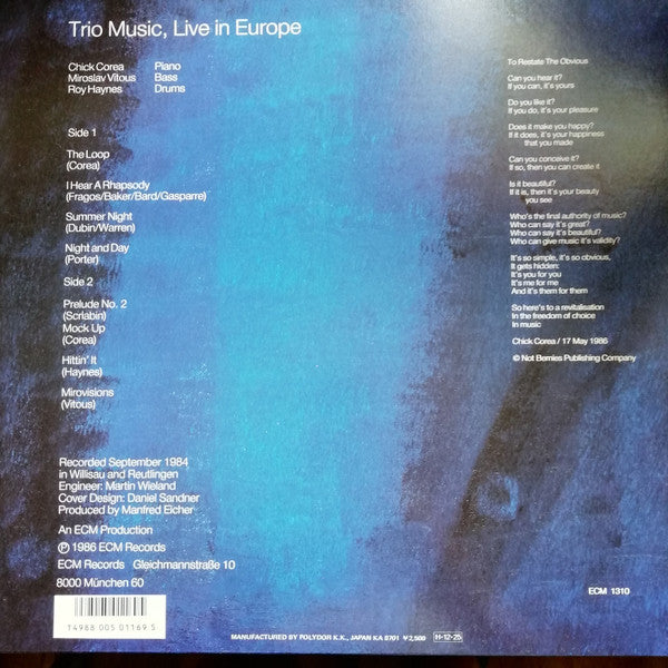 Chick Corea, Miroslav Vitous, Roy Haynes : Trio Music, Live In Europe (LP, Album)