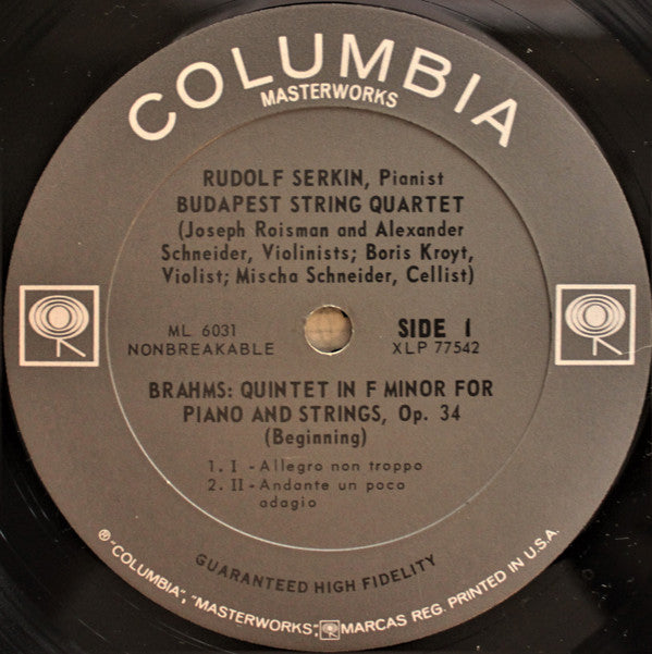 Johannes Brahms, Rudolf Serkin, Budapest String Quartet : Piano Quintet In F Minor For Piano And Strings, Op. 34 (LP, Mono, Gat)