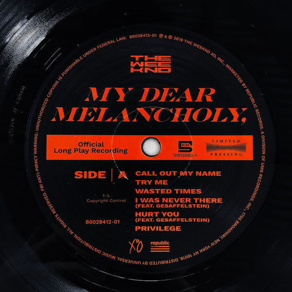 The Weeknd : My Dear Melancholy, (12", S/Sided, EP, RSD, Etch, Ltd, RE, 180)