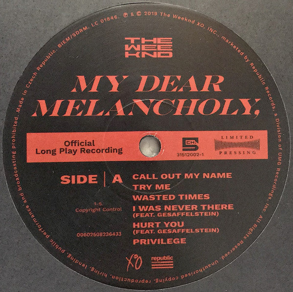 The Weeknd : My Dear Melancholy, (12", S/Sided, EP, RSD, Etch, Ltd, RE, 180)