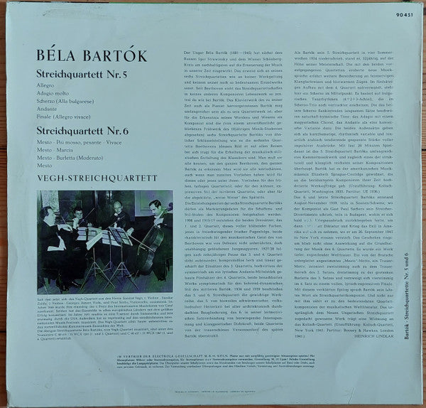 Béla Bartók / Quatuor Végh : Fünftes Und Sechstes Streichquartett (LP, Mono)