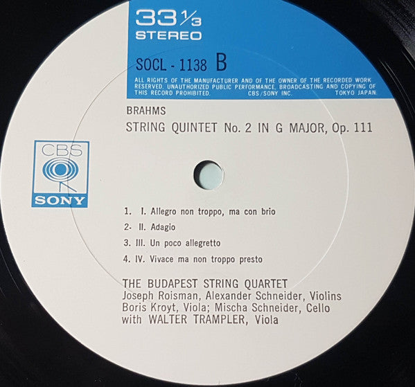 Johannes Brahms, Budapest String Quartet With Walter Trampler : String Quintet No.1 In F Major, Op.88 / String Quintet No.2 In G Major, Op.111 (LP)