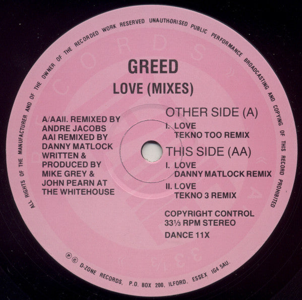 Greed : Love (Tekno Too Remix) (12")