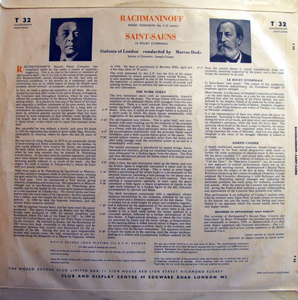 Sergei Vasilyevich Rachmaninoff, Camille Saint-Saëns, Joseph Cooper, The Sinfonia Of London Conducted By Marcus Dods : Piano Concerto No. 2, Le Rouet D'Omphale (LP, Album, Mono, Club)