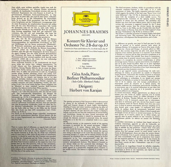 Johannes Brahms - Géza Anda, Herbert Von Karajan, Berliner Philharmoniker : Klavierkonzert Nr. 2 B-Dur (LP, Album)