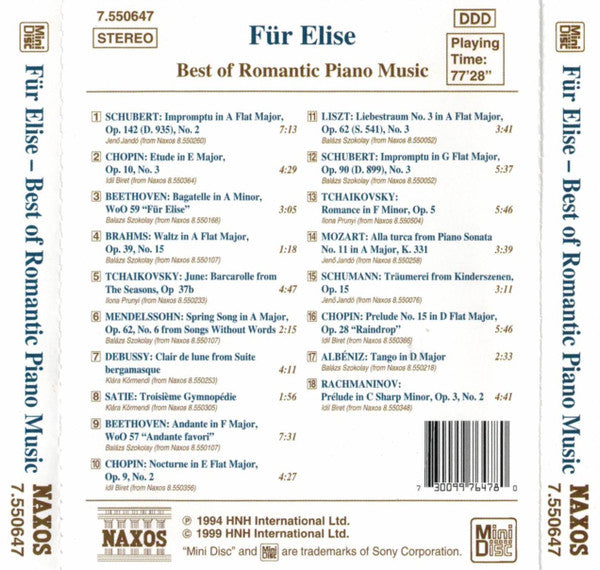 Various : Für Elise - Best Of Romantic Piano Music (MD, Comp, DDD)