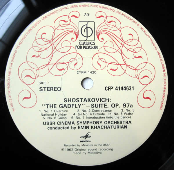 Dmitri Shostakovich - Эмин Хачатурян, Оркестр Кинематографии : Music For The Film: The Gadfly (LP, Album, RE)