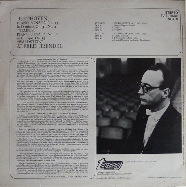 Ludwig Van Beethoven, Alfred Brendel : Piano Sonata No. 17 In D Minor, Op. 31, No. 2 "Tempest" / Piano Sonata No. 21 In C Major, Op. 53 "Waldstein" (LP)