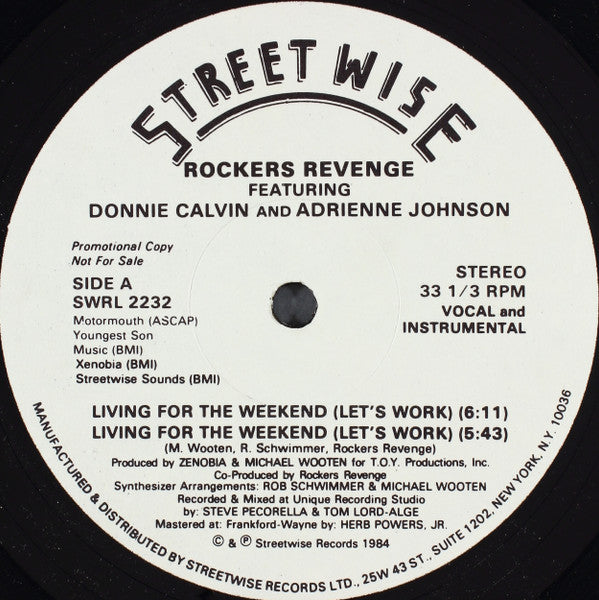 Rockers Revenge Featuring Donnie Calvin And Adrienne Johnson : Living For The Weekend (Let's Work) (12", Promo)