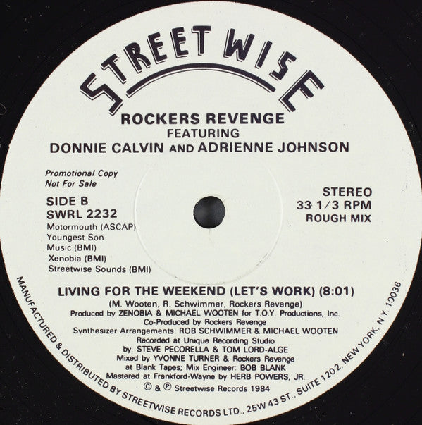 Rockers Revenge Featuring Donnie Calvin And Adrienne Johnson : Living For The Weekend (Let's Work) (12", Promo)