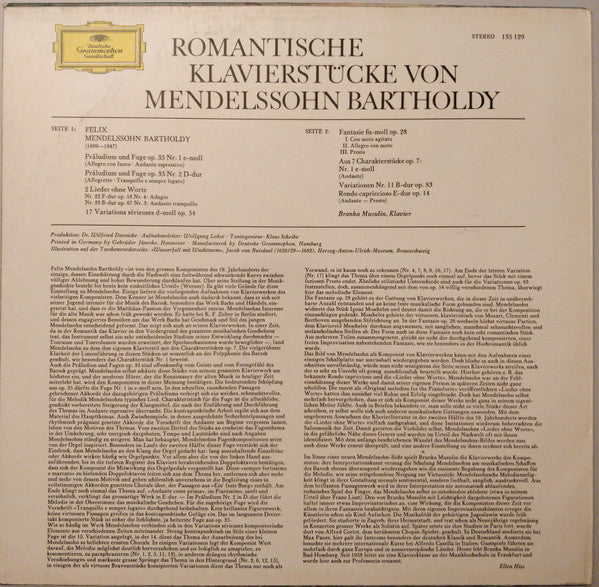 Felix Mendelssohn-Bartholdy – Branka Musulin : Romantische Klavierstücke Von Mendelssohn Bartholdy (LP, RP)