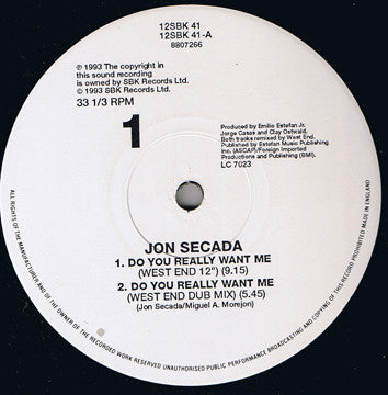 Jon Secada : Do You Really Want Me (Todd Terry & West End Mixes) (12", Single)