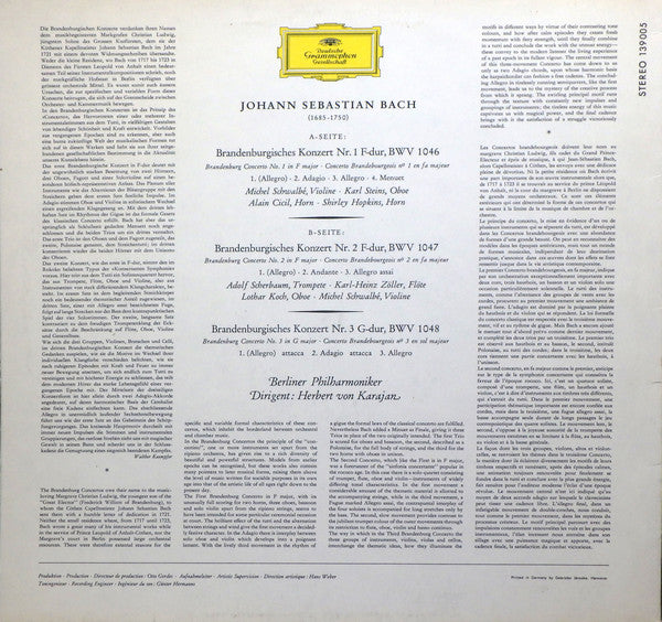 Herbert von Karajan, Berliner Philharmoniker - Johann Sebastian Bach : Brandenburgische Konzerte Nr. 1, 2 & 3 (LP, RE)