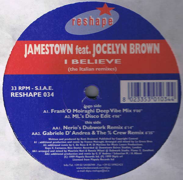 Jamestown Featuring Jocelyn Brown : I Believe (The Italian Remixes) (12")