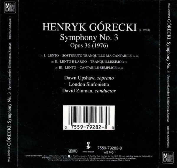 Henryk Górecki / Dawn Upshaw, London Sinfonietta, David Zinman : Symphony No. 3 (MD, Album)