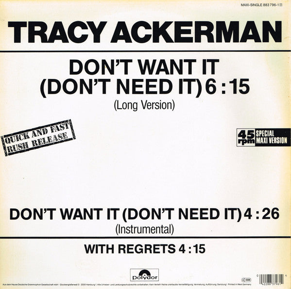 Tracy Ackerman : Don't Want It (Don't Need It) (12", Maxi)