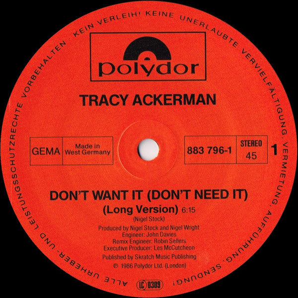 Tracy Ackerman : Don't Want It (Don't Need It) (12", Maxi)