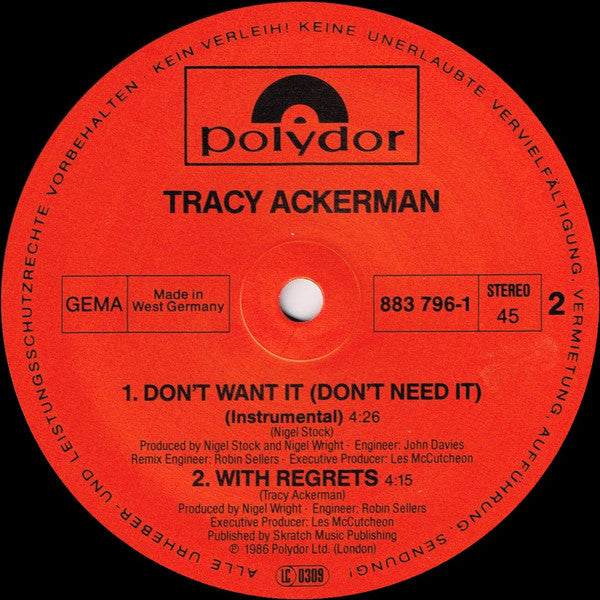 Tracy Ackerman : Don't Want It (Don't Need It) (12", Maxi)