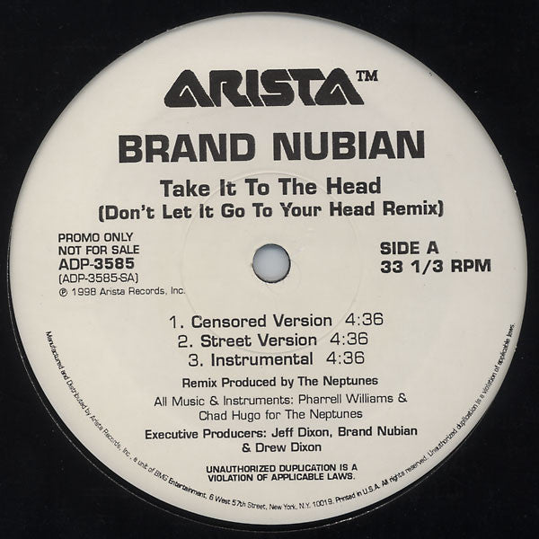 Brand Nubian : Take It To The Head (Don't Let It Go To Your Head Remix) (12", Promo)