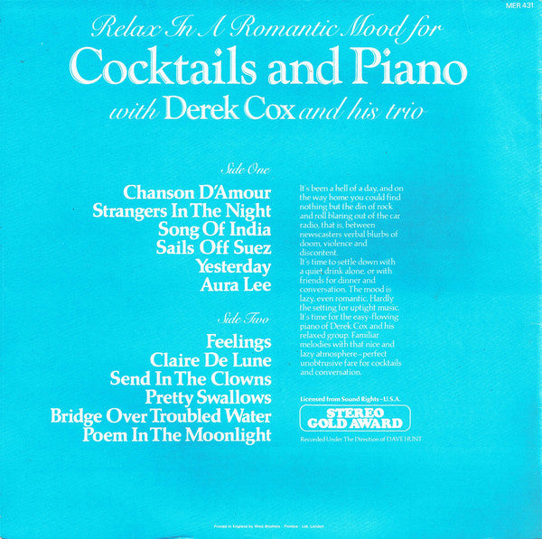 Derek Cox And His Trio : Cocktails And Piano (LP, Album)