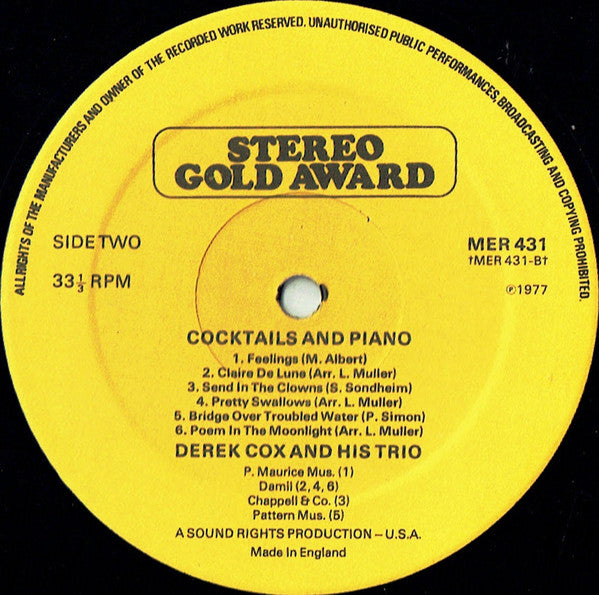 Derek Cox And His Trio : Cocktails And Piano (LP, Album)