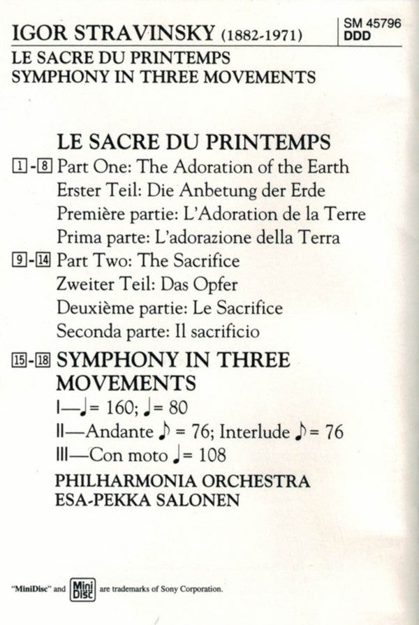 Igor Stravinsky – Philharmonia Orchestra, Esa-Pekka Salonen : Le Sacre Du Printemps / Symphony In Three Movements (MD, Album, RE)