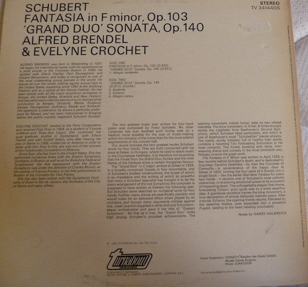 Franz Schubert, Alfred Brendel & Evelyne Crochet : Fantasia In F Minor, Op. 103 / 'Grand Duo' Sonata Op. 140 (LP, RE)