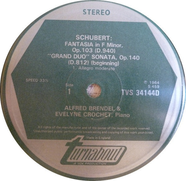 Franz Schubert, Alfred Brendel & Evelyne Crochet : Fantasia In F Minor, Op. 103 / 'Grand Duo' Sonata Op. 140 (LP, RE)