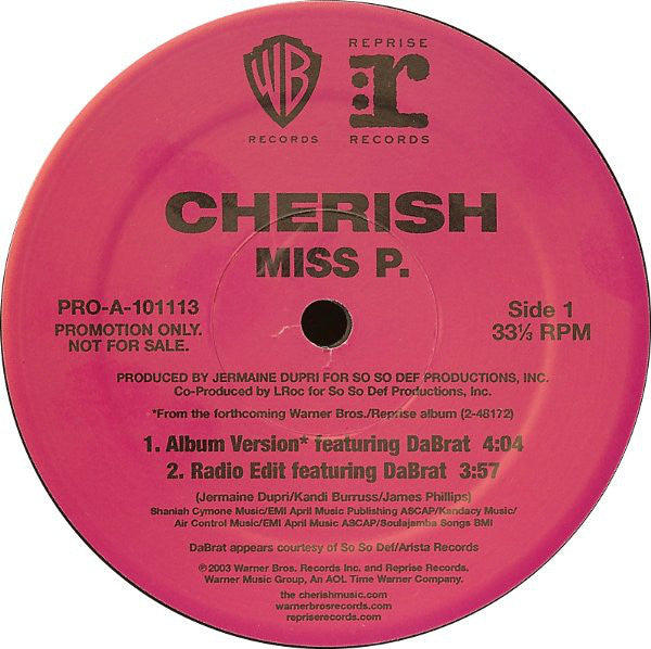 Cherish Featuring Da Brat : Miss P. (12", Promo)