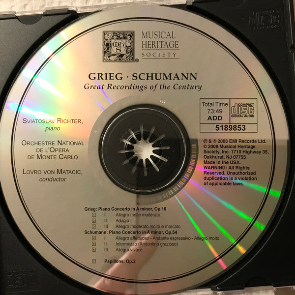 Edvard Grieg / Robert Schumann - Sviatoslav Richter, Lovro Von Matacic, Orchestre National De L'Opéra De Monte-Carlo : Piano Concertos (CD, Album, Club, RE)