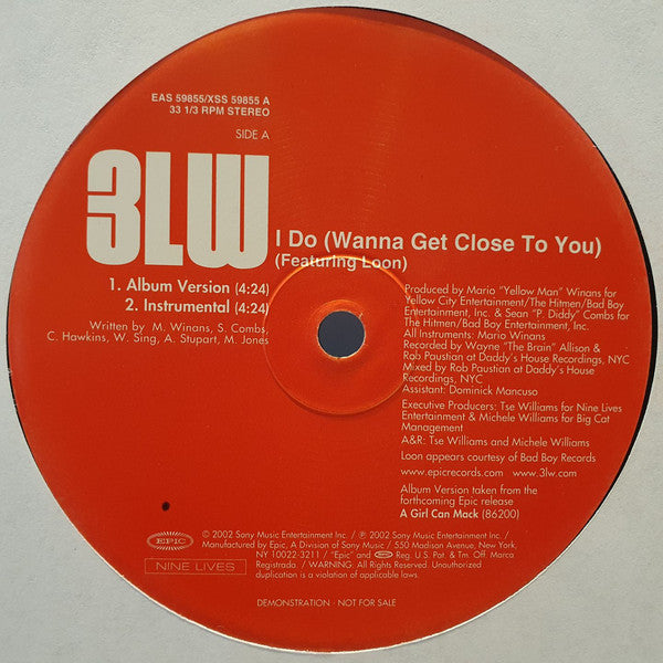 3LW Featuring Loon : I Do (Wanna Get Close To You) (12", Promo)