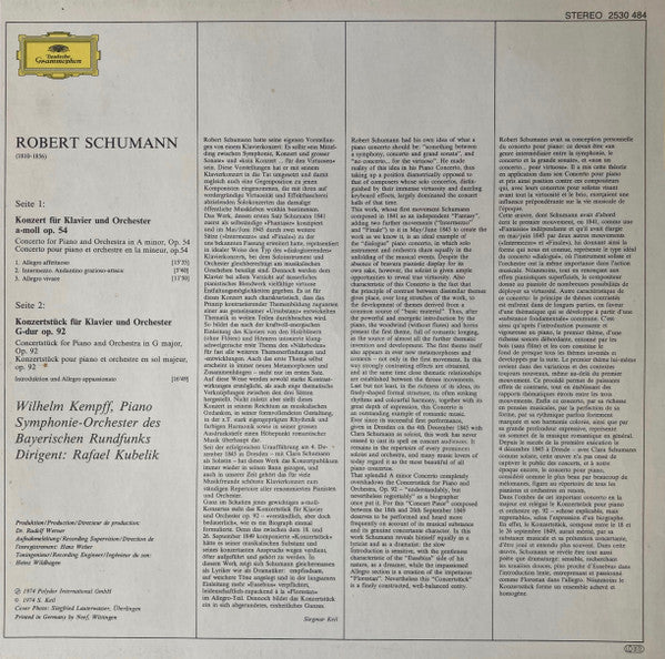 Robert Schumann, Wilhelm Kempff • Rafael Kubelik • Symphonie-Orchester des Bayerischen Rundfunks : Klavierkonzert A-Moll = Piano Concerto In A Minor / Konzertstück G-dur (In G Major) Op.92 (LP, Album, Lab)