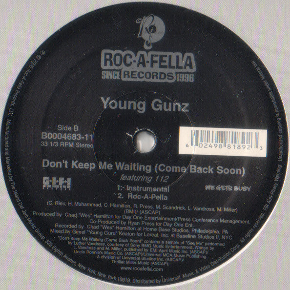 Young Gunz : Don't Keep Me Waiting (Come Back Soon) (12", Single)