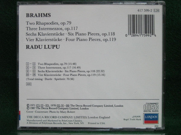 Johannes Brahms - Radu Lupu : Two Rhapsodies, Op. 79 · Piano Pieces · Klavierstücke Opp. 117-119 (CD, Comp, RM, ADR)