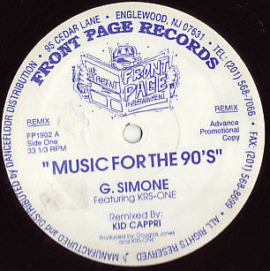 G. Simone Featuring KRS-One : Music For The 90's (12", Promo)