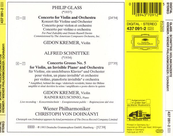 Philip Glass ⋅ Alfred Schnittke ⋅ Gidon Kremer ⋅ Wiener Philharmoniker ⋅ Christoph Von Dohnányi : Violin Concerto / Concerto Grosso No. 5 (CD, Album)