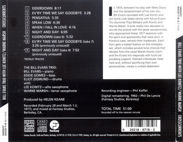 The Bill Evans Trio With Lee Konitz & Warne Marsh : Crosscurrents (CD, Album, RE, RM)